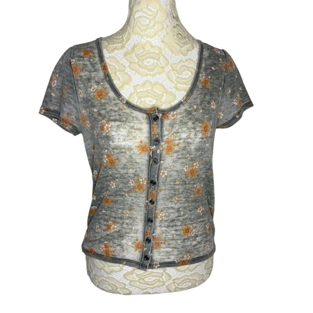 American Eagle Burn Out Shirt Top Blouse Crop Waffle Ditsy Floral Gray Orange S